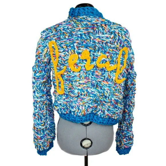 NWT Handmade Crochet Blue Feral Medium Bomber Jacket Sweater Cardigan Chunky